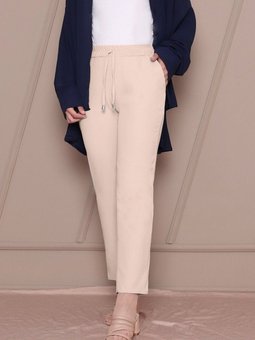 Bej Çift Cepli Beli Lastikli Bağcık Detaylı Pantolon