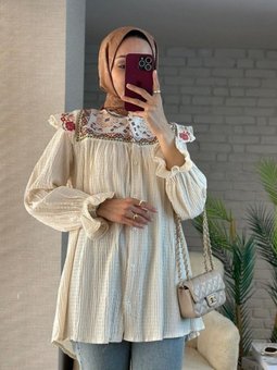 Bej Etnik Desenli Kolu Lastikli Bürümcük Tunik