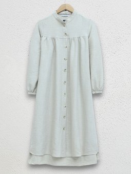 Bej Hakim Yaka Boydan Düğmeli Keten Tunik