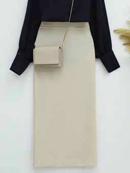 Bej Uzun İthal Krep Kalem Etek