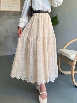 Bej Uzun Parçalı İnci Detaylı Beli Lastikli Etek