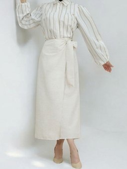 Bej Uzun Yandan Bağlamalı Keten Etek