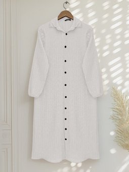 Beyaz Boydan Düğmeli Kolu Lastikli Uzun Krinkıl Tunik