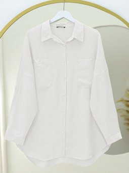 Beyaz Çift Cepli Oval Kesim Kolu Katlamalı Gömlek Tunik