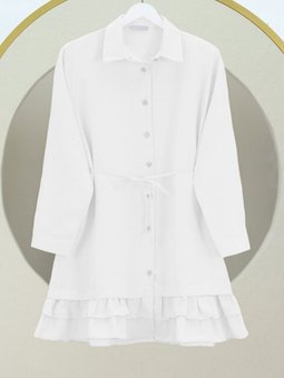 Beyaz Etek Ucu Katlı Fırfırlı Düğmeli Poplin Gömlek Tunik
