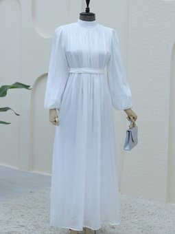 Beyaz Omuzdan Büzgülü Işıltı Kumaş Balon Kol Elbise