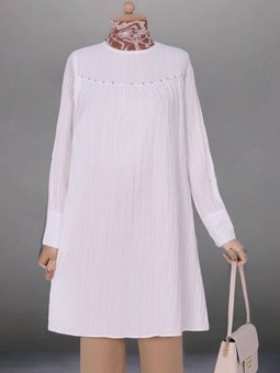 Beyaz Robası İncili Taşlı Kolu Düğmeli Salaş Tunik