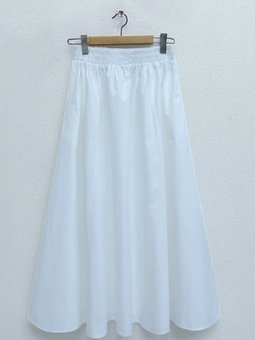 Beyaz Uzun Beli Lastikli Çift Cepli Poplin Kloş Etek