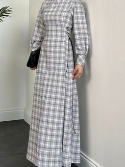 Beyaz Yanları Bağcıklı Yuvarlak Yaka Tüvit Elbise