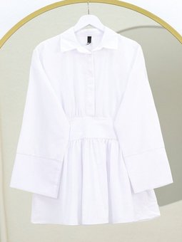 Beyaz Yarım Düğmeli Beli Bağlamalı Yanı Fermuarlı Tunik