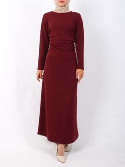 Bordo Belden Büzgülü Örme Krep Likralı Elbise