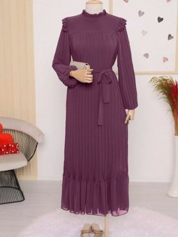 Bordo Beli Bağlamalı Kolu Lastikli Eteği Parçalı Şifon Elbise