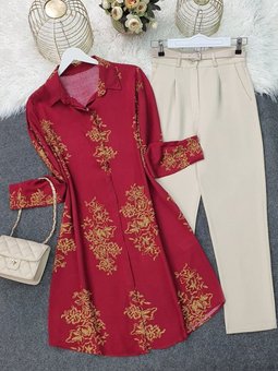 Bordo Boydan Düğmeli Desenli Viskon Tunik