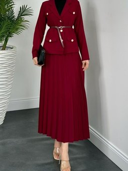 Bordo Eteği Piliseli Kemerli Düğmeli Ceketli İkili Takım