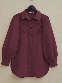 Bordo Güpür Püsküllü Ham Keten Balon Kol Gömlek