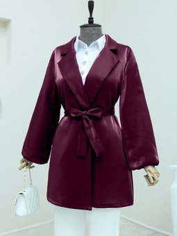 Bordo Kolları Volanlı Bağcıklı Saten Ceket