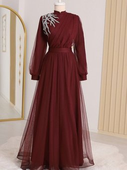 Bordo Önü Taş Detaylı Drapeli Kemerli Tül Abiye Elbise