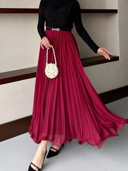 Bordo Uzun Kemerli Volanlı Pliseli Şifon Etek