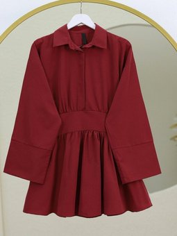 Bordo Yarım Düğmeli Beli Bağlamalı Yanı Fermuarlı Tunik