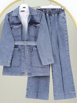 Buz Mavi Beli Kemerli Önü Düğmeli Cepli Kot İkili Takım