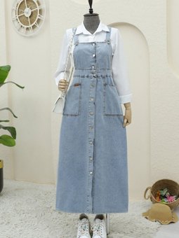 Buz Mavi Boydan Düğmeli Çift Cepli Kot Salopet