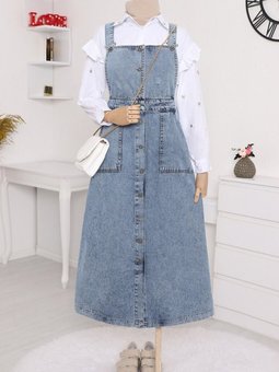 Buz Mavi Boydan Düğmeli Çift Cepli Kot Salopet