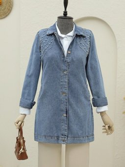 Buz Mavi Büyük Taş Detaylı Düğmeli Cepli Kot Ceket