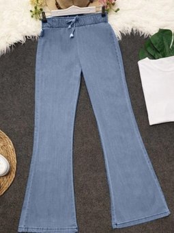 Buz Mavi İspanyol Paça Bağcık Detaylı Kot Pantolon