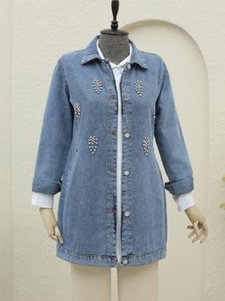 Buz Mavi Küme Taş Detaylı Düğmeli Kot Ceket