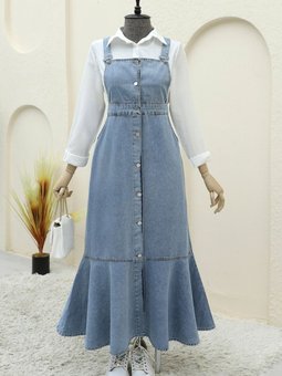 Buz Mavi Önden Düğmeli Yan Cepli Eteği Fırfırlı Kot Jile