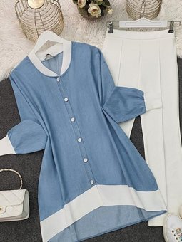 Buz Mavi Yakası Ve Etek Ucu Ribanalı Düğmeli Kot Tunik