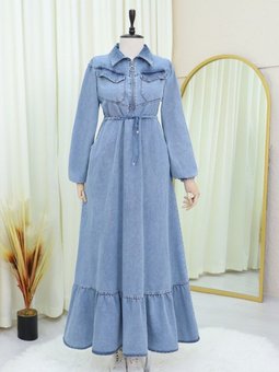 Buz Mavi Yarım Fermuarlı Tünel Bağcıklı Kolu Lastikli Kot Elbise