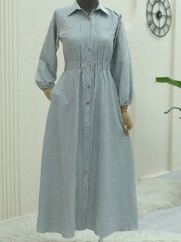 Füme Beli Lastikli Boydan Düğmeli Çizgili Elbise