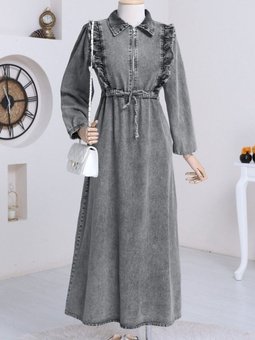 Füme Robadan Fırfırlı Belden Büzgü Kot Elbise