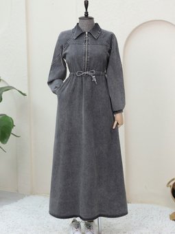 Füme Yarım Fermuarlı Tünel Bağcıklı Kot Elbise