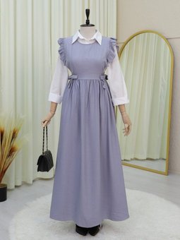 Gri Beli Bağlamalı Fırfır Detaylı Jile Elbise