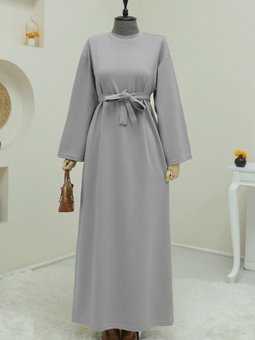Gri Bisiklet Yaka Beli Bağcıklı Elbise