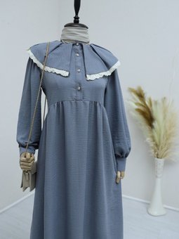 Gri Önlük Yaka Büzgülü Yarım Düğme Keten Elbise