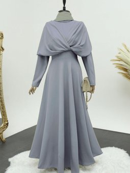 Gri Önü Çapraz Çift Kat Hakim Yaka Krep Elbise