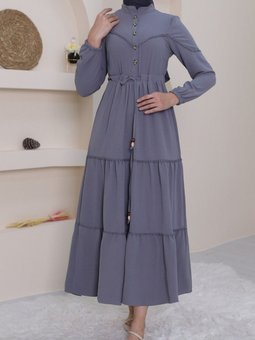Gri Yarım Düğmeli Parçalı Bağcıklı Elbise