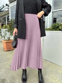 Gül Kurusu Uzun Pliseli Beli Lastikli Etek