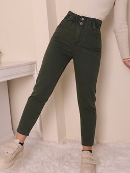 Haki Beli Lastikli Yüksek Bel Kot Pantolon