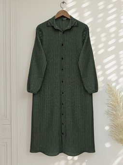 Haki Boydan Düğmeli Kolu Lastikli Uzun Krinkıl Tunik