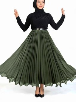 Haki Uzun Kemerli Volanlı Pliseli Şifon Etek