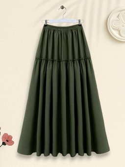 Haki Uzun Parçalı Beli Lastikli Kraş Desen Paraşüt Etek