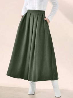 Haki Uzun Pileli Fermuarlı Kaşe Etek