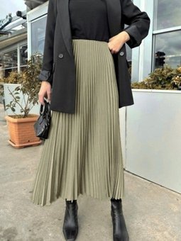 Haki Uzun Pliseli Beli Lastikli Etek