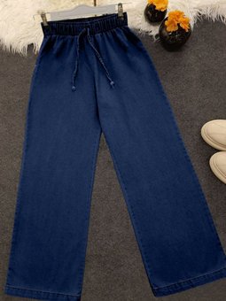 İndigo Bol Paça Beli Lastikli Bağcık Detaylı Kot Pantolon