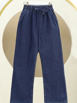 İndigo Bol Paça Beli Lastikli Kuşaklı Kot Pantolon
