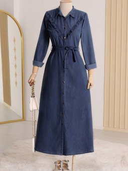 İndigo Boydan Düğmeli Beli Bağlamalı Kot Elbise